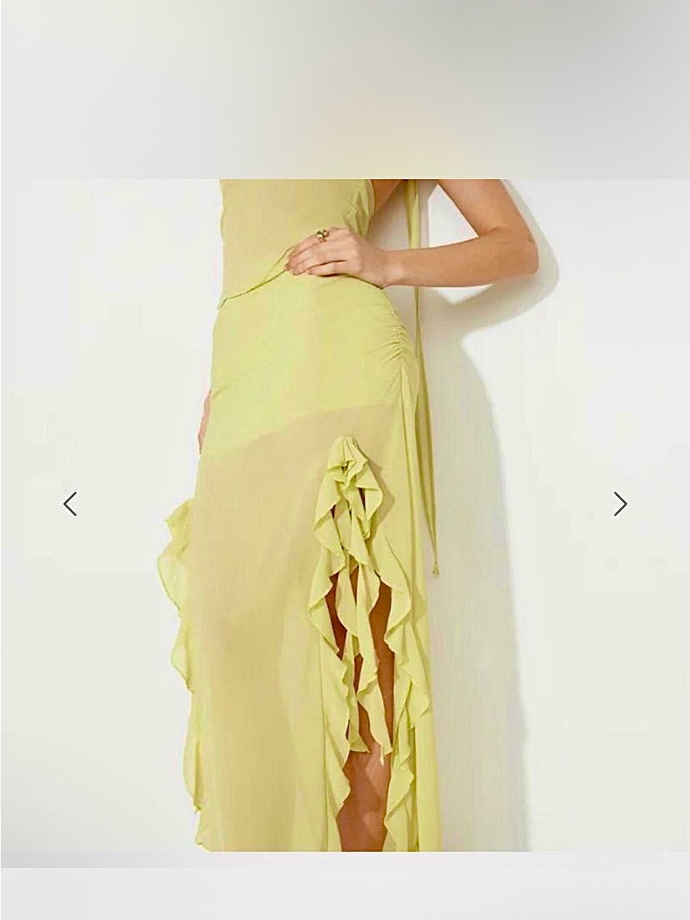 Lioness Lime Chiffon Maxi Skirt with Asymmetrical Hem, Ruching, and Ruffles - Picture 5 of 9